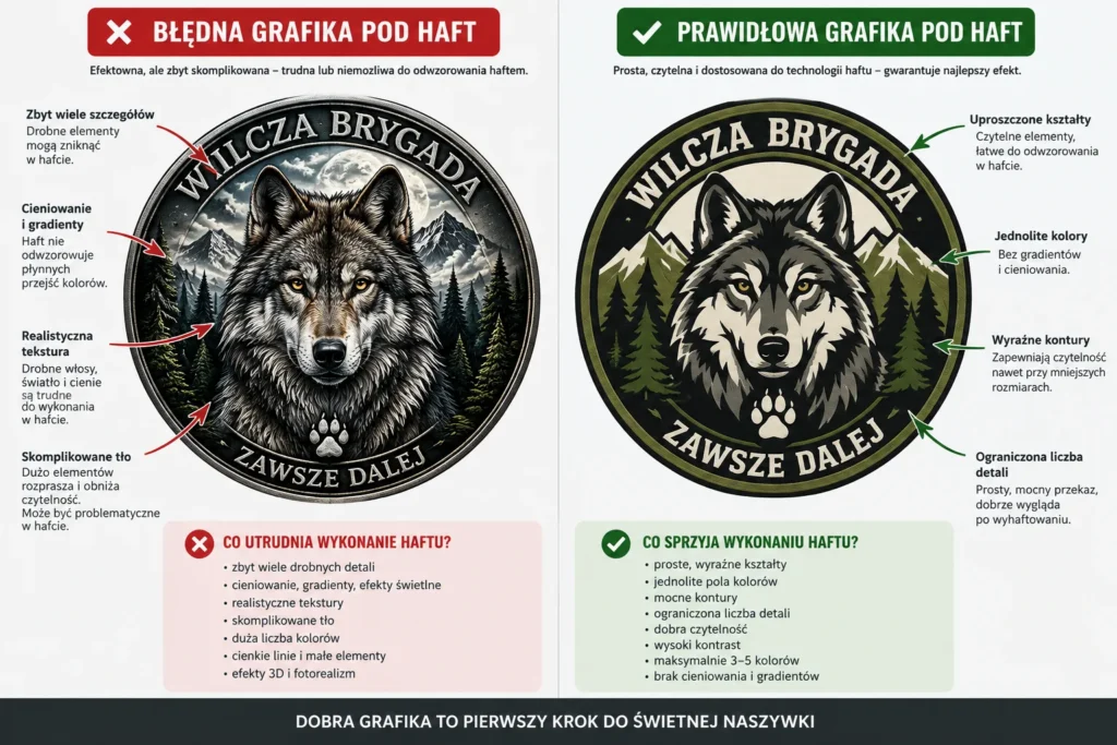 Projekt naszywki z AI – błędna i prawidłowa grafika pod haft komputerowy
